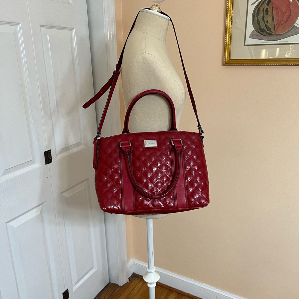 CALVIN KLEIN RED PATENT LEATHER CROSSBODY BAG W/ALL OVER CK LOGO INSIDE AND OUT - Picture 1 of 15